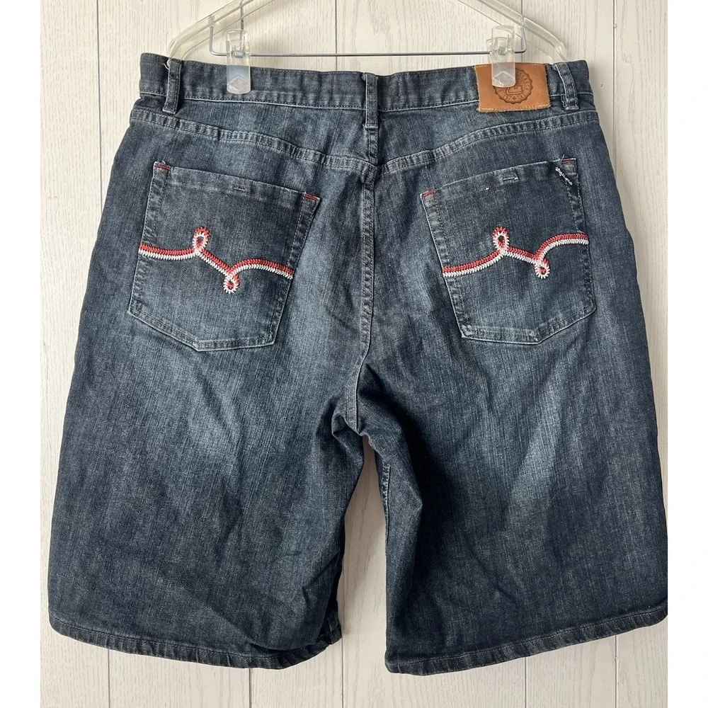 Vintage Y2K LRG Denim Shorts Mens 38 Baggy Embroidered Skater Hip Hop Jean Jorts